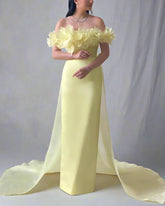 Off-shoulder column dress with floral neckline and chiffon train – LEMONIA