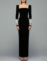 Velvet column dress with structured shoulders and embellished cuffs – Genuine