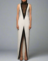 Sleeveless column dress with sheer panel and contrast trim – SULAG