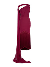 One-shoulder sheath dress with fringe hem and chiffon sash – RUBY