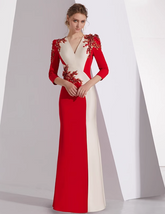 neck column dress with floral appliqué and slit - AMARA