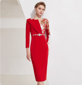 asymmetric midi dress with embellished shoulder and jeweled belt - RUBY