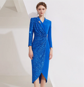 asymmetric sequin wrap dress with lapel collar - AZURA
