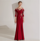 off-shoulder mermaid dress with embroidered illusion neckline - SCARLET
