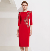 fitted midi dress with floral crystal embroidery - ROYA