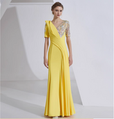 v-neck draped gown with sequin sleeves - SOLARA