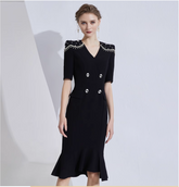 v-neck midi dress with pearl-embellished shoulders - NOIR