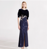 velvet evening dress with sequin slit skirt and floral embroidery – NAWARA