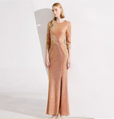 sequined column dress with floral shoulder applique – ZINA