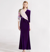 asymmetric velvet gown with floral sequin sleeve – LUCIA