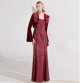 sleeveless sequin gown with velvet feathered bolero – SCARLETT