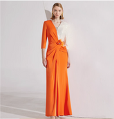 asymmetric gown with sequin sleeve and draped rose detail – SOLARA