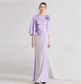 embroidered lilac gown with sequin panel and flared sleeves – LILIAN
