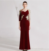 velvet gown with sequin mesh sleeves and gold embroidery – CARMINE