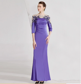 ruched gown with illusion floral neckline – PERIWINKLE