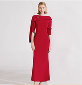 draped shoulder column gown with rose brooch – SCARLETTA