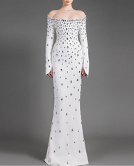 Off-shoulder embellished column dress with long sleeves - Wesfy