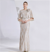 sequin mermaid gown with cape sleeves and floral brooch – LUMINA
