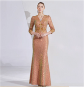 v-neck sequin mermaid gown with gold embroidery – AMBER GLEAM