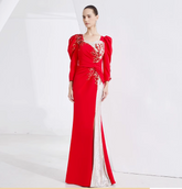 ruched gown with puff sleeves and sequin slit – CRIMSON DUSK