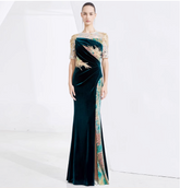 velvet embroidered gown with sequin illusion sleeves – EMERALD PLUME