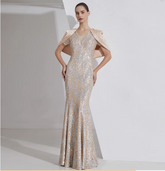 sequin mermaid gown with pearl-embellished cape – STELLAR GLOW