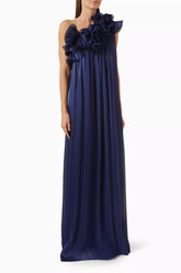 One-shoulder pleated gown with oversized floral detail – NAVIL