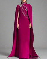High-neck column dress with embellished maxi cape – Fugara