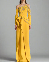 Off-shoulder draped column gown with crystal embellishments – AUKOMA