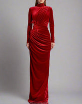 Long-sleeve velvet gown with draped details – Beatriza