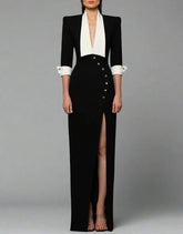 Tuxedo-inspired gown with contrast lapel and buttoned slit – Azuna