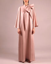 Long-sleeve satin gown with oversized neck bow – BLUSH