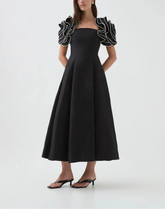 midi fit-and-flare dress with pearl-embellished ruffle sleeves – RH