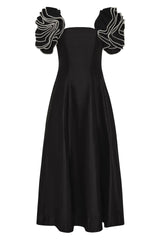 midi fit-and-flare dress with pearl-embellished ruffle sleeves – RH