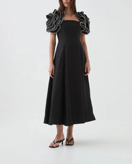 midi fit-and-flare dress with pearl-embellished ruffle sleeves – RH