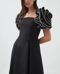 midi fit-and-flare dress with pearl-embellished ruffle sleeves – RH