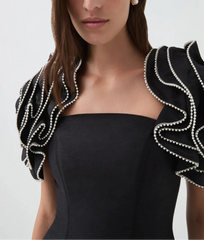 midi fit-and-flare dress with pearl-embellished ruffle sleeves – RH