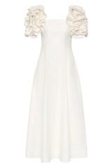 midi fit-and-flare dress with pearl-embellished ruffle sleeves – RH