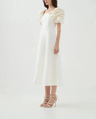 midi fit-and-flare dress with pearl-embellished ruffle sleeves – RH