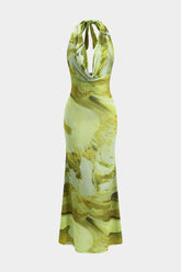Tie Dye Print Backless Cowl Neck Maxi Dress
