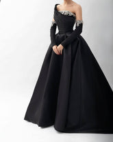 Off-shoulder ball gown with draped bodice and embellished sleeves – NOCTURNA