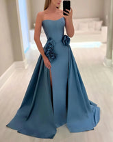 Strapless A-line gown with floral appliqué and front slit – AZURE