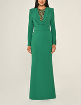 Long-sleeve column dress with draped neckline and beaded inset – EMELAR