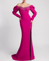 Off-the-shoulder beaded gown with statement sleeves – AUDULA