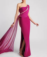 One-shoulder draped gown with chiffon train – AUSUMY