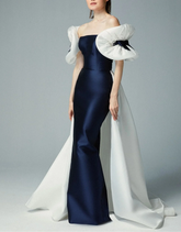 Strapless satin gown with voluminous sleeves and overskirt – AUROMA