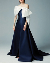 Off-shoulder A-line gown with oversized bow cape - ASTRIM