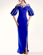 Off-the-shoulder column dress with beaded illusion neckline - SAPPHIRER