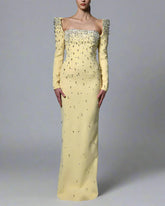 Yellow Full Embroidered Dress with Structured Sleeves - Diana
