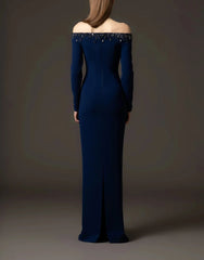 off-shoulder column dress with crystal plunge neckline – CELESTE